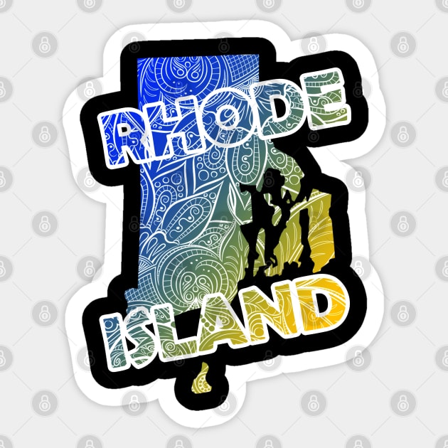 Colorful mandala art map of Rhode Island with text in blue and yellow Sticker by Happy Citizen